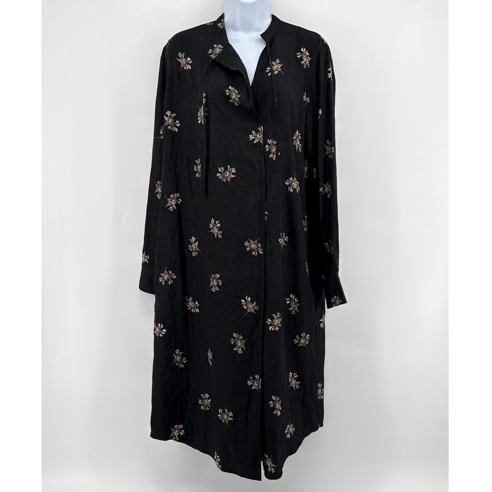 Vince Textured Crinkle Print Midi Dress Black Floral Tie Neck Long Sleeve Small